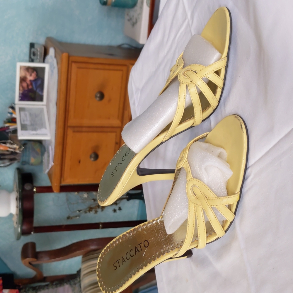 yellow staccato sandals, sz 6.5, 3 1/2" heel., leather.   scuffing toe area